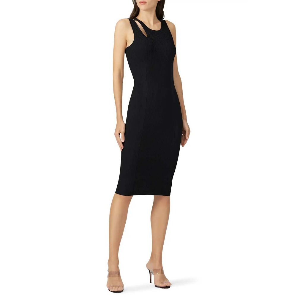 Good American Bold Shoulder Cutout Ribbed Black Midi Dress Bodycon Shaping Small